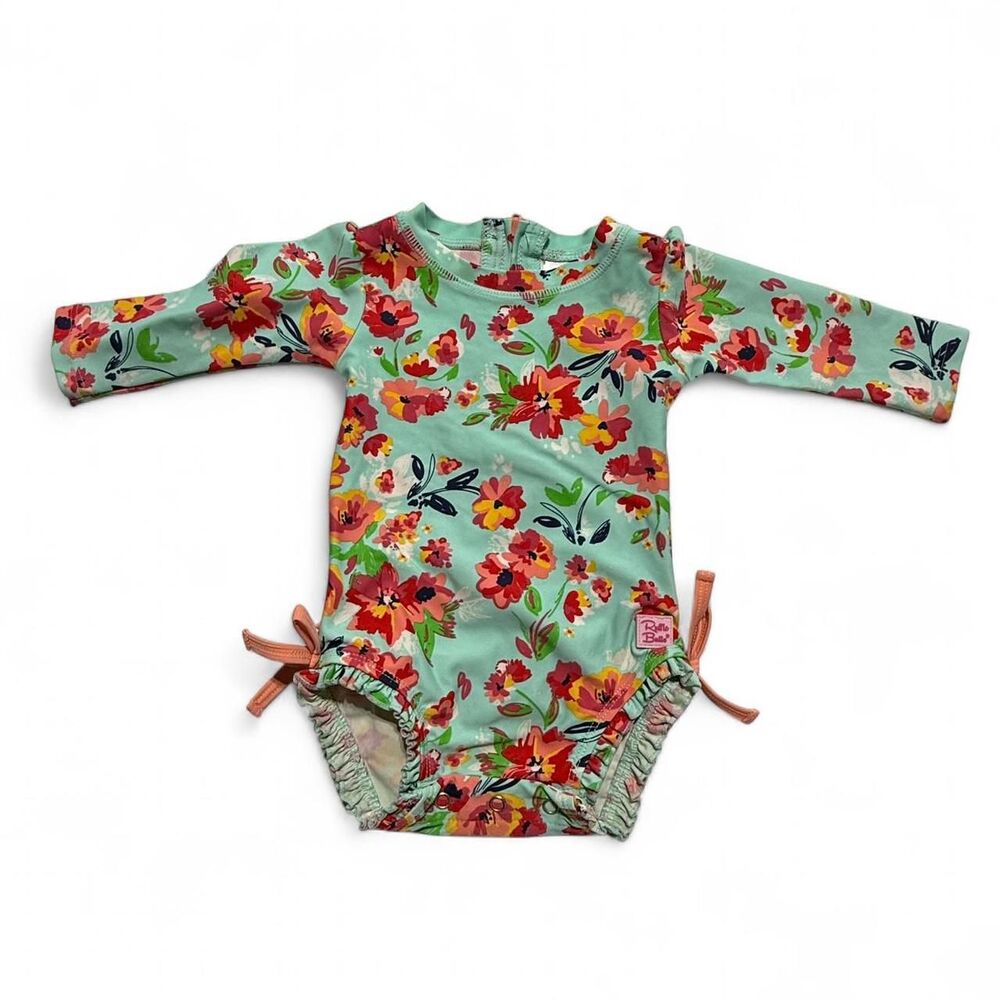 RuffleButts Mint Floral Long Sleeve One Piece Rash Guard Swimsuit 3-6M